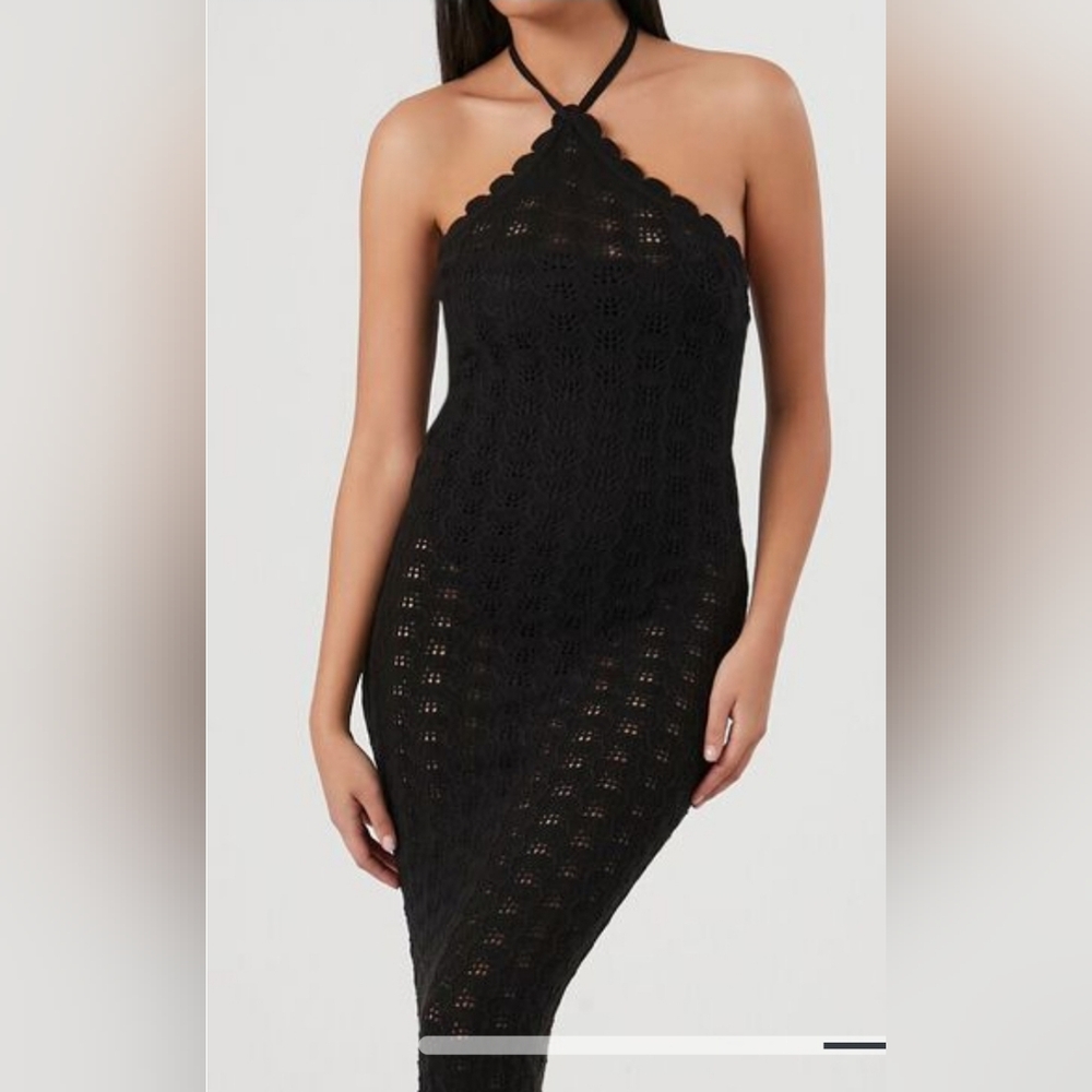 Forever 21 Black Knit Crochet Body Con Midi Dress NWT Medium - Picture 4 of 7